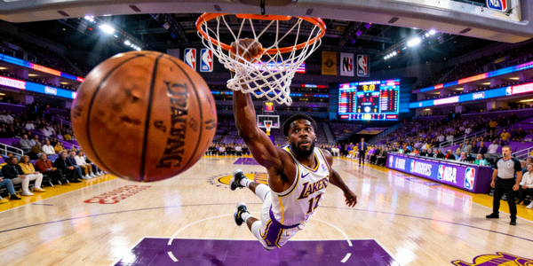 NBA篮球比赛直播画面，球员飞身扣篮精彩瞬间